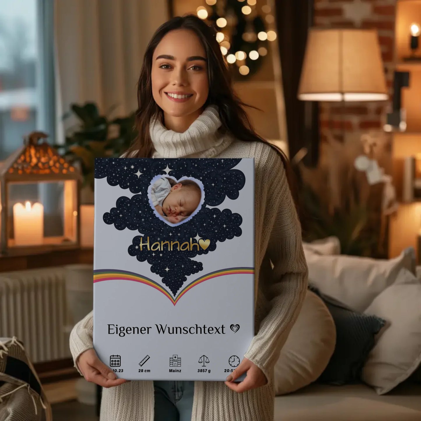 Personalisierte Leinwand Zur Geburt Foto Herz Punkte Mädchen