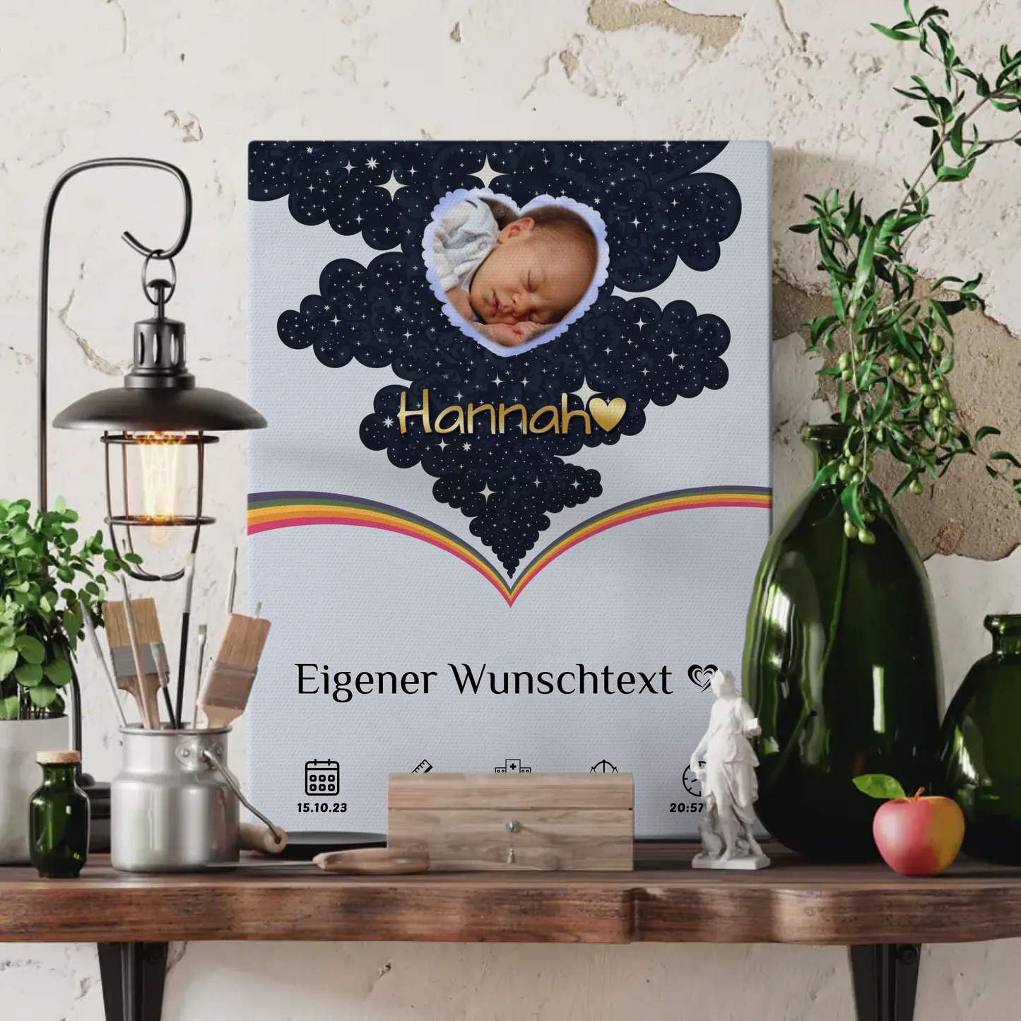 Personalisierte Leinwand Zur Geburt Foto Herz Punkte Mädchen