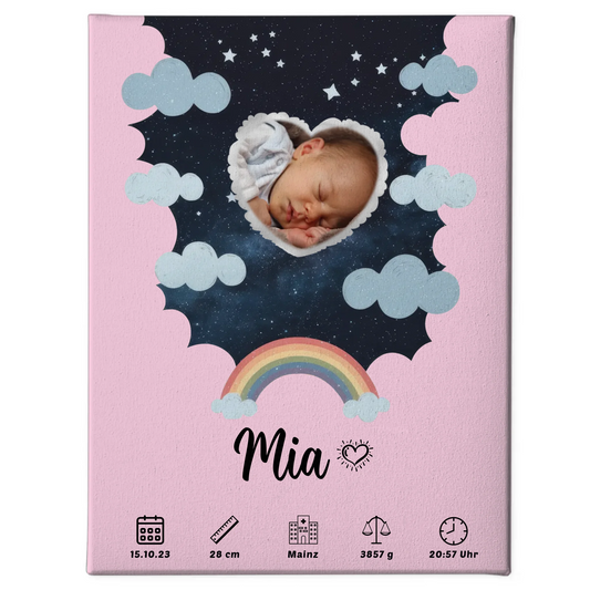 Personalisiertes Plakat Leinwand Geburt Foto Herz Sternmuster Mädchen
