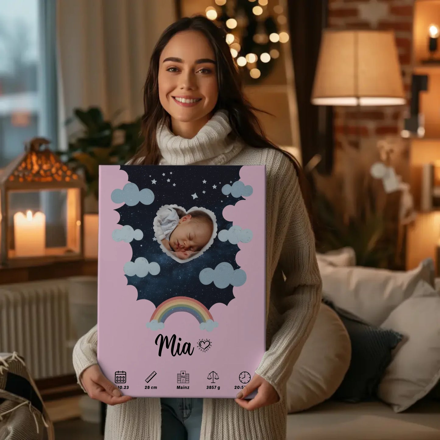 Personalisiertes Plakat Leinwand Geburt Foto Herz Sternmuster Mädchen