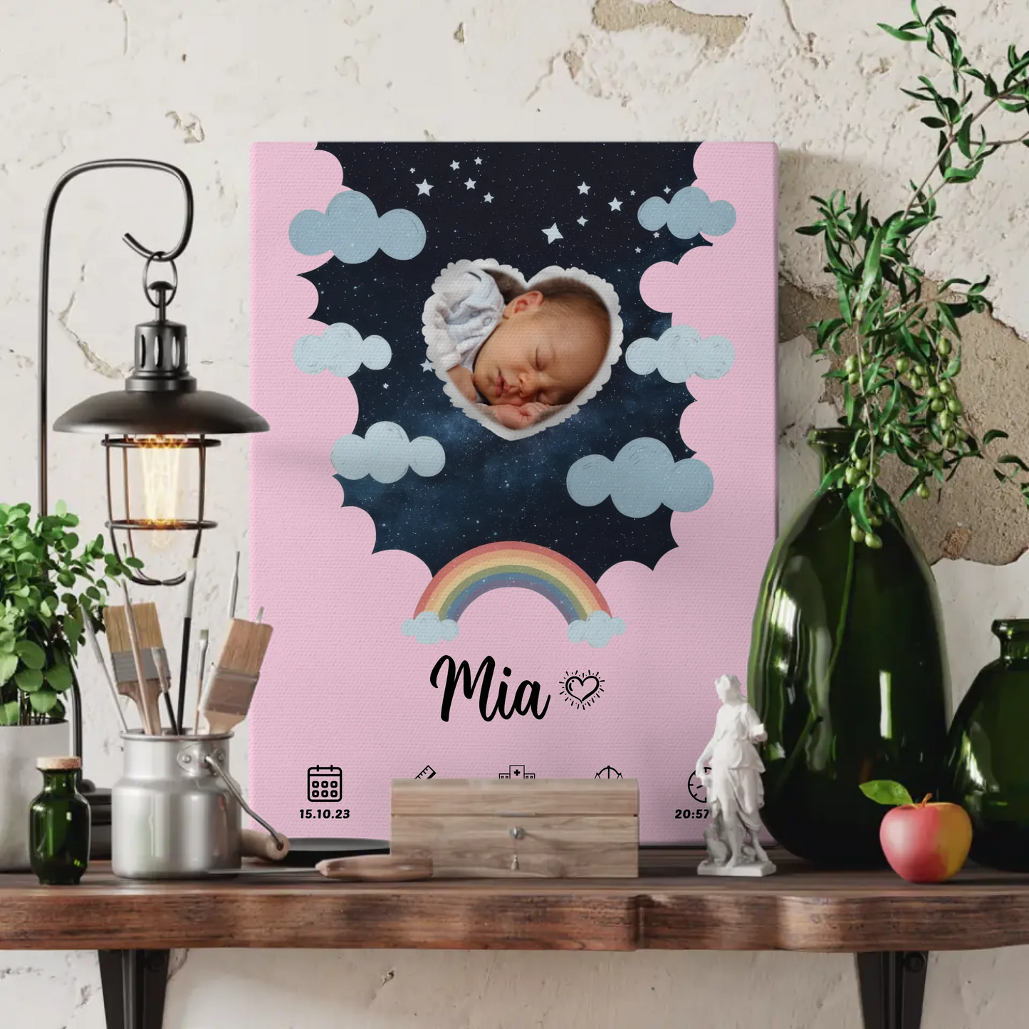 Personalisiertes Plakat Leinwand Geburt Foto Herz Sternmuster Mädchen