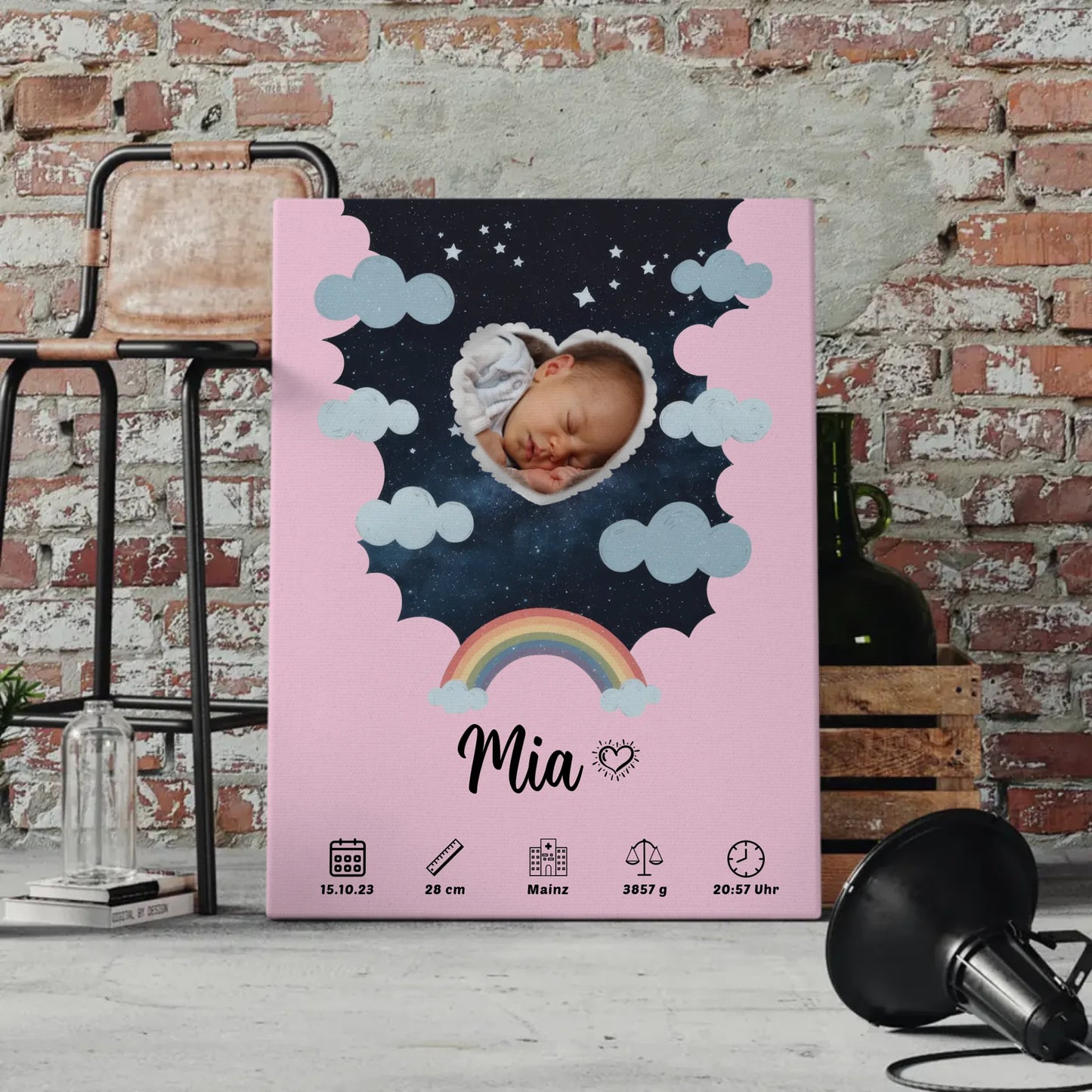 Personalisiertes Plakat Leinwand Geburt Foto Herz Sternmuster Mädchen