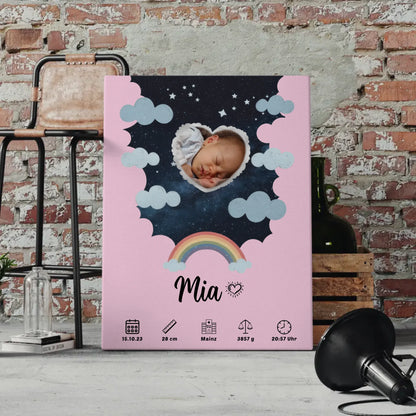 Personalisiertes Plakat Leinwand Geburt Foto Herz Sternmuster Mädchen