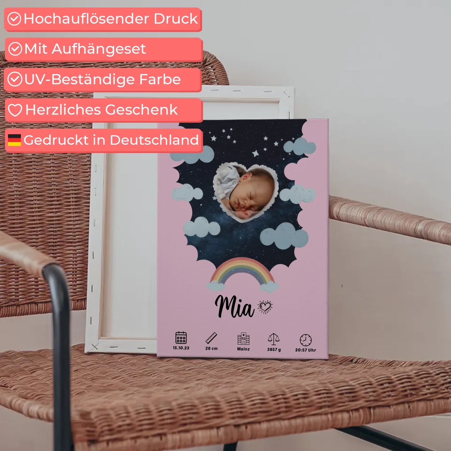 Personalisiertes Plakat Leinwand Geburt Foto Herz Sternmuster Mädchen