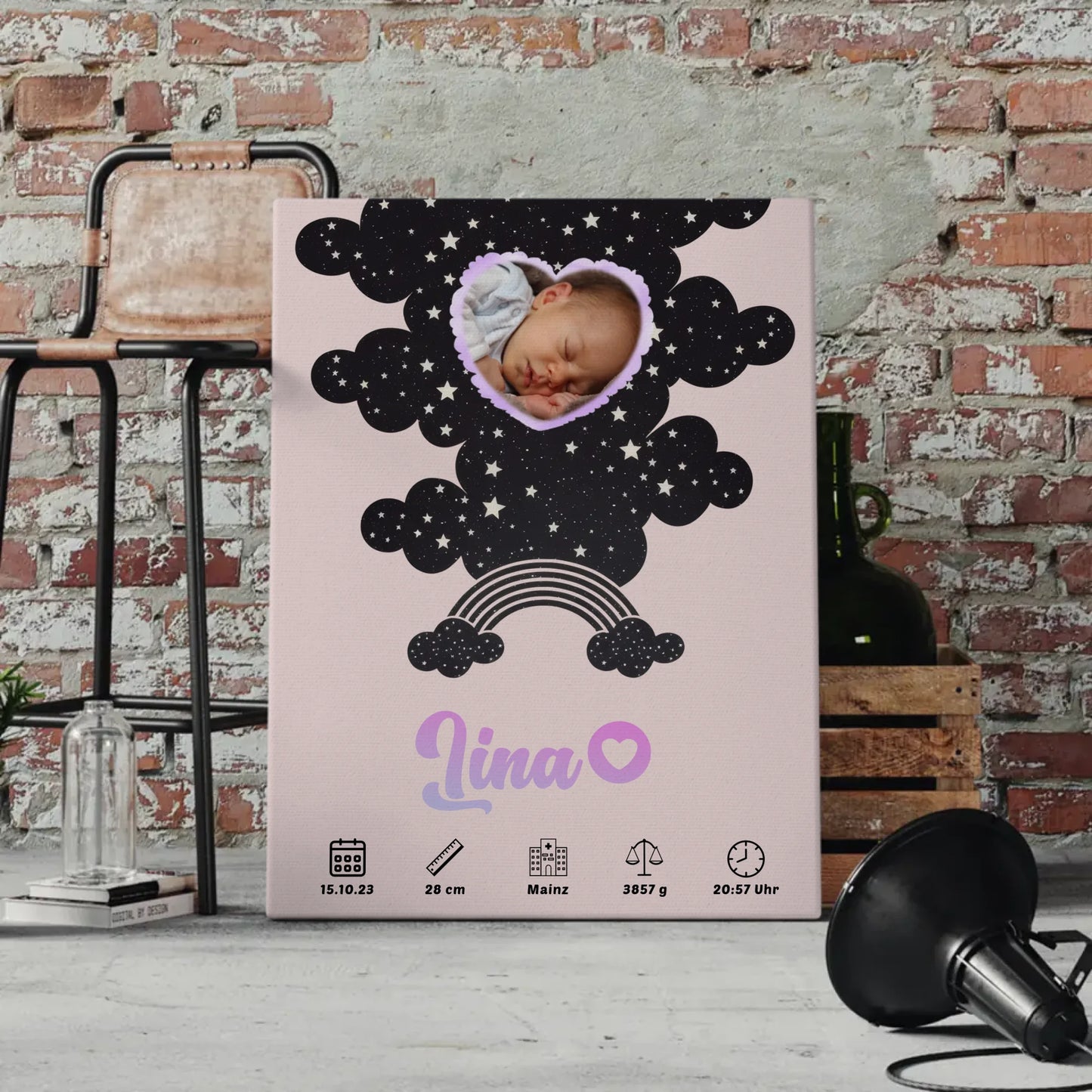Geburtsposter Personalisiert Foto Herz Sternchen für Mädchen