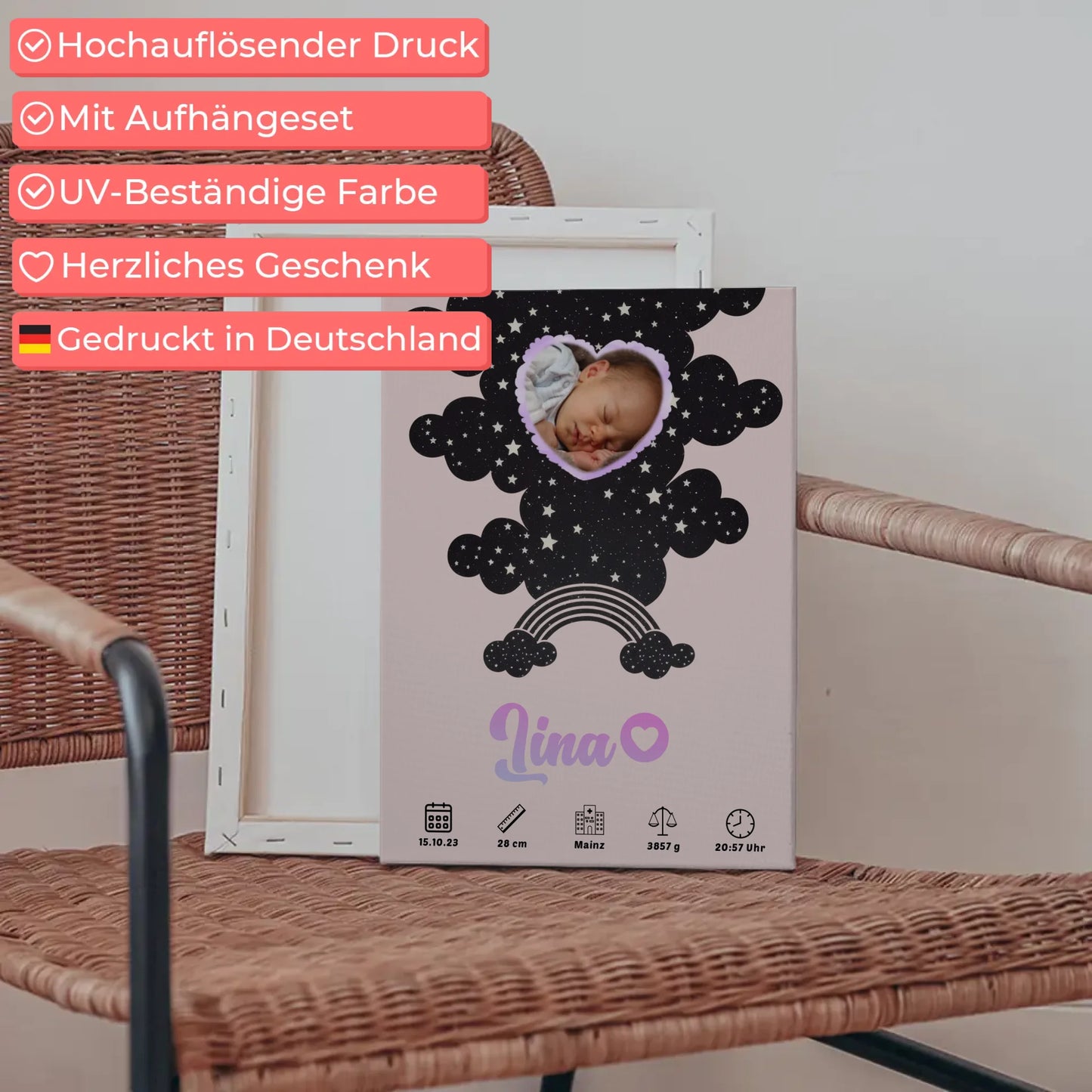 Geburtsposter Personalisiert Foto Herz Sternchen für Mädchen