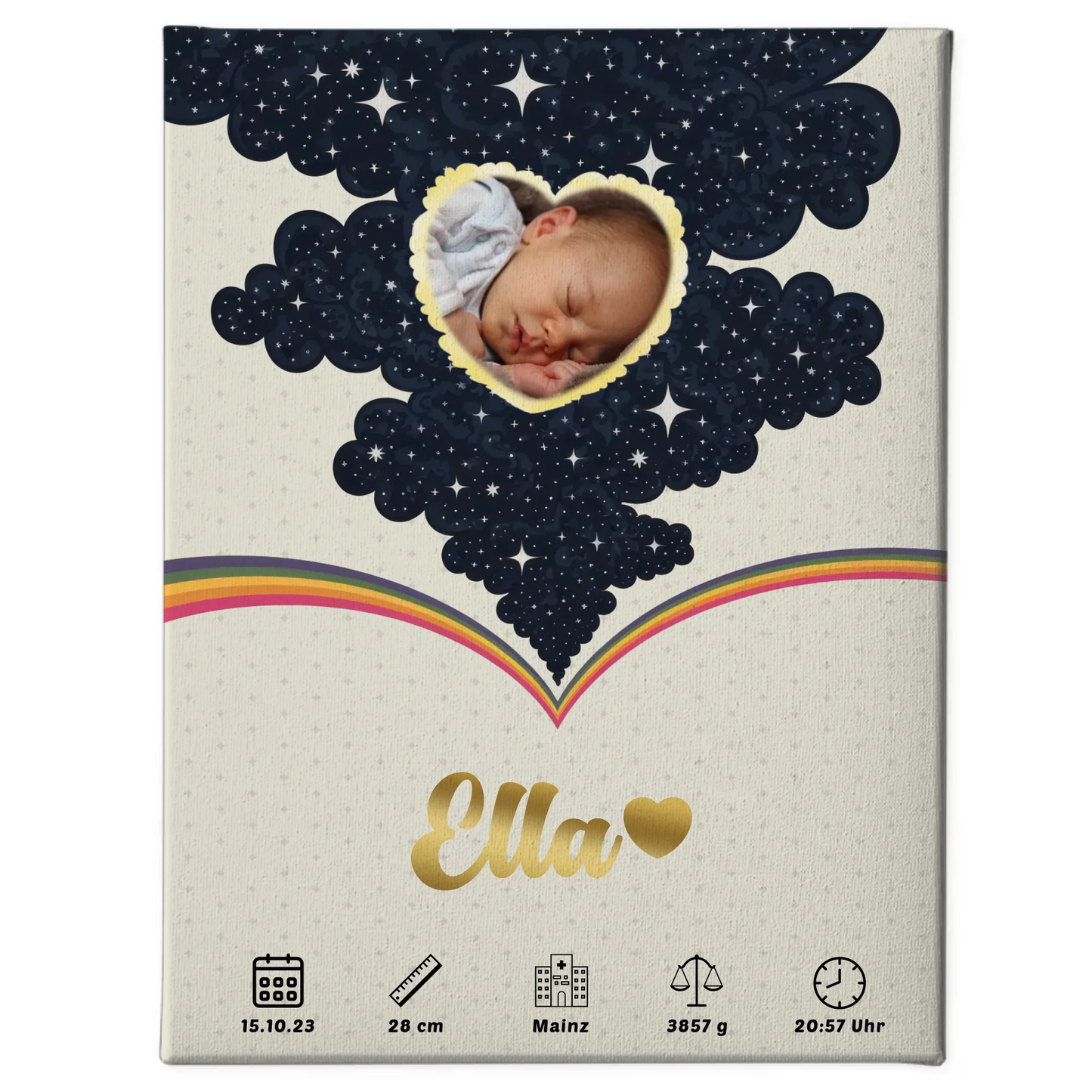 Personalisierte Leinwand Geburtsdaten Foto Herz Geburtsposter Little Stars Mädchen