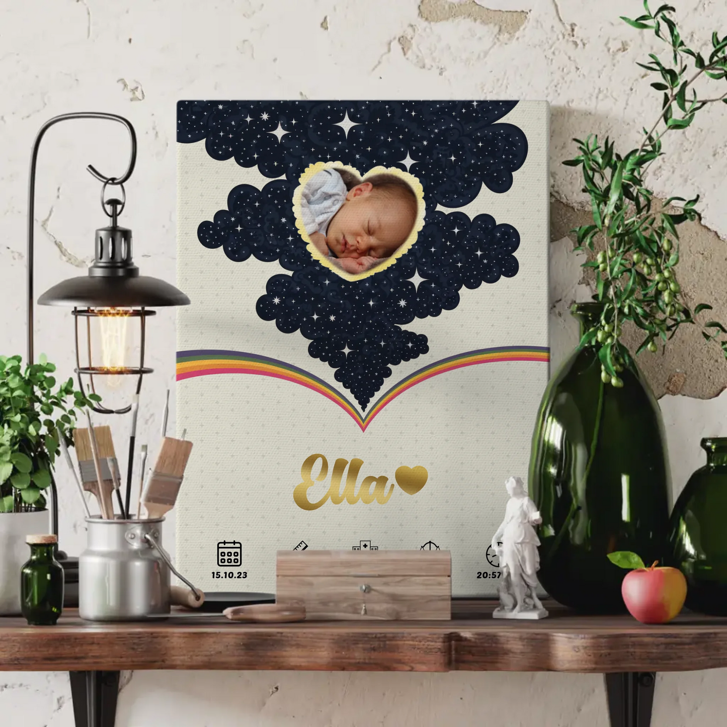 Personalisierte Leinwand Geburtsdaten Foto Herz Geburtsposter Little Stars Mädchen