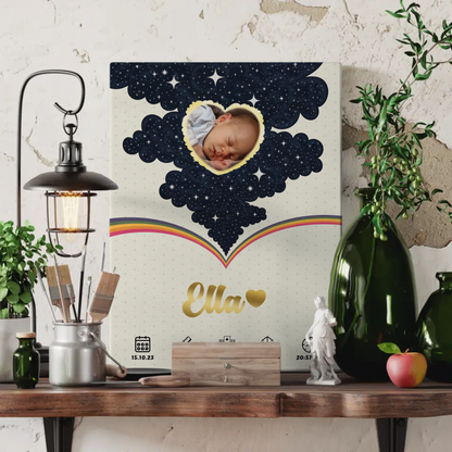 Personalisierte Leinwand Geburtsdaten Foto Herz Geburtsposter Little Stars Mädchen