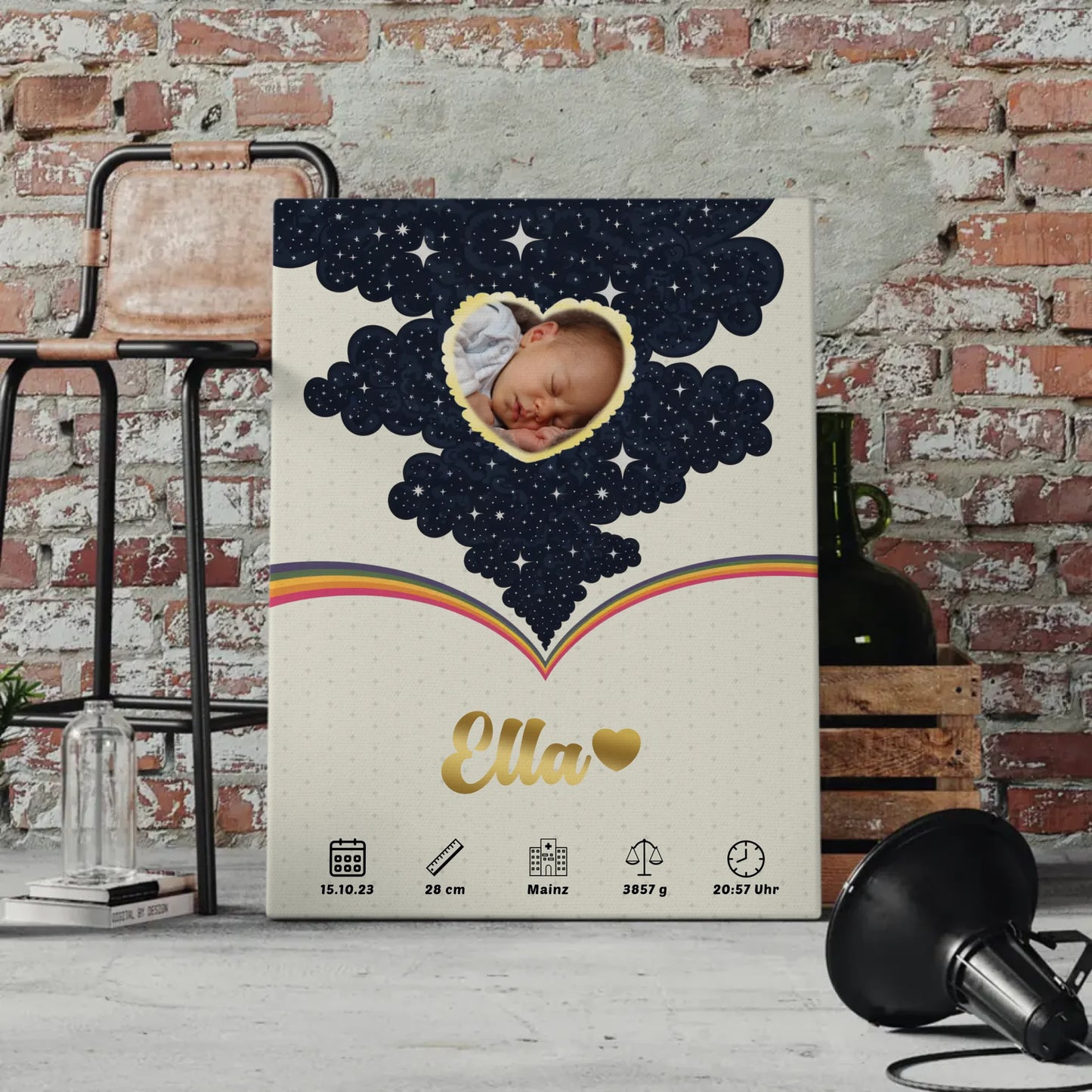 Personalisierte Leinwand Geburtsdaten Foto Herz Geburtsposter Little Stars Mädchen