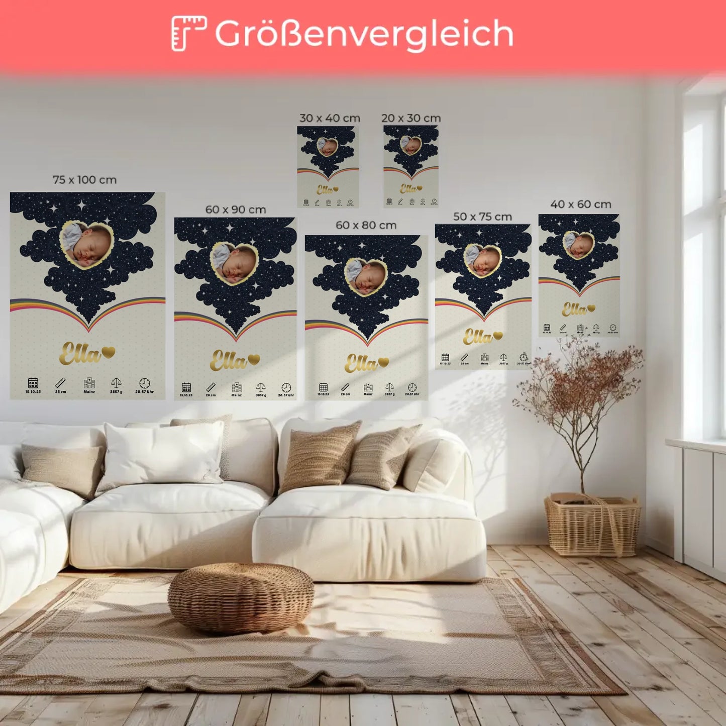 Personalisierte Leinwand Geburtsdaten Foto Herz Geburtsposter Little Stars Mädchen