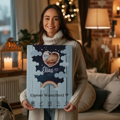 Herz Foto Geburtsposter Holz Himmelblau Baby Jungen Mädchen