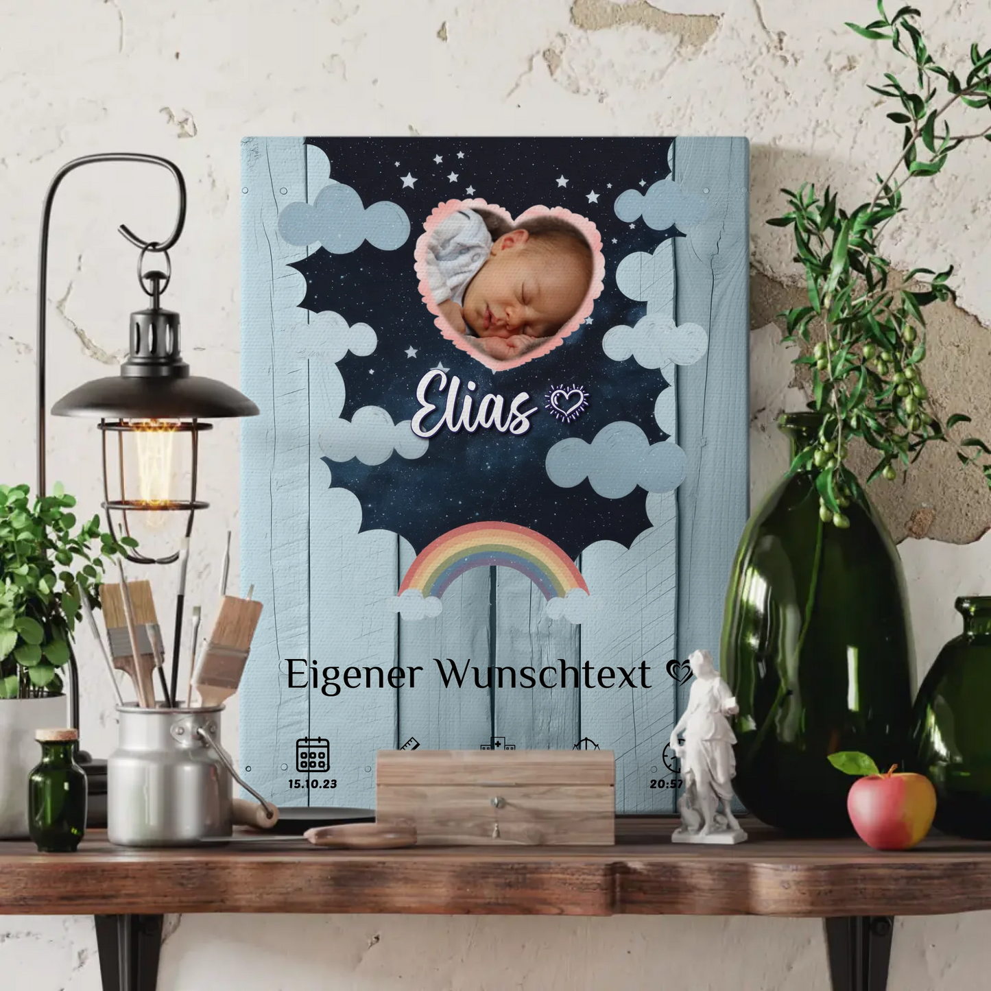 Herz Foto Geburtsposter Holz Himmelblau Baby Jungen Mädchen