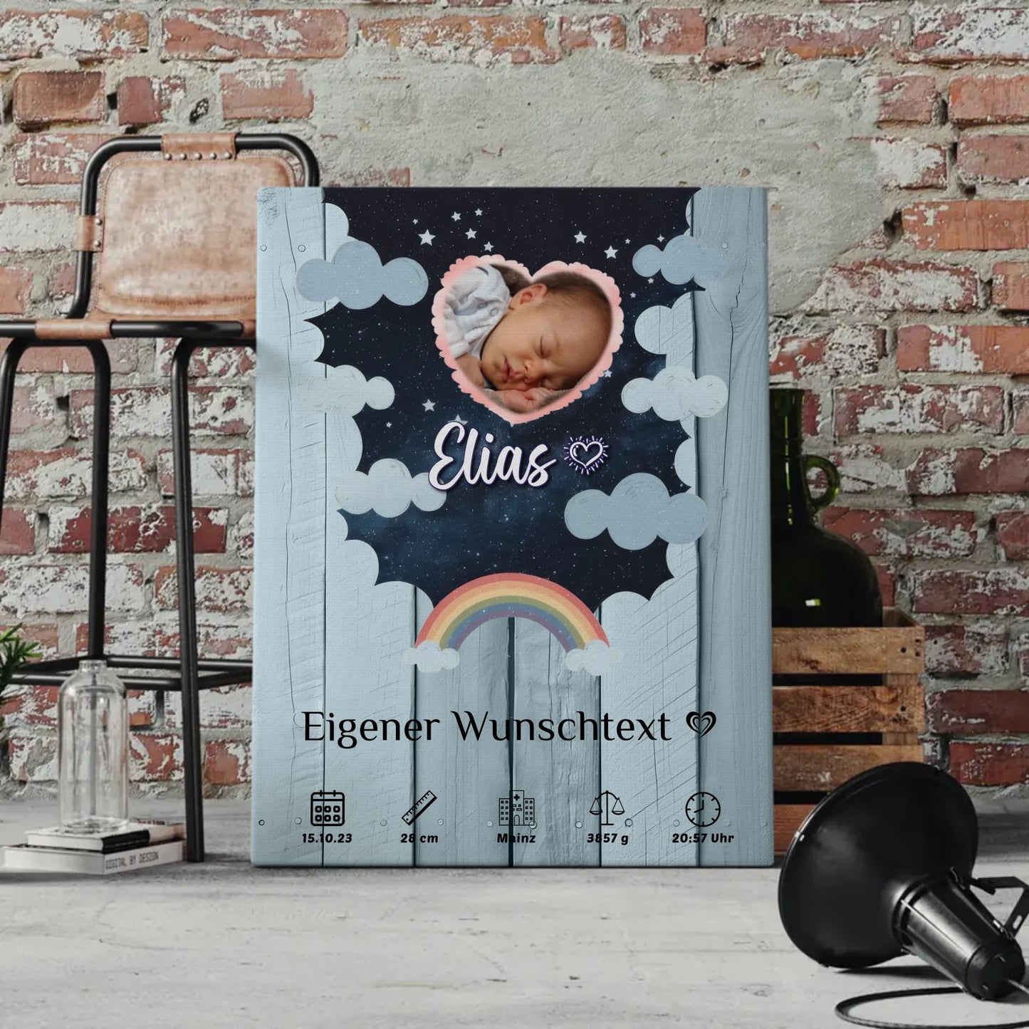 Herz Foto Geburtsposter Holz Himmelblau Baby Jungen Mädchen