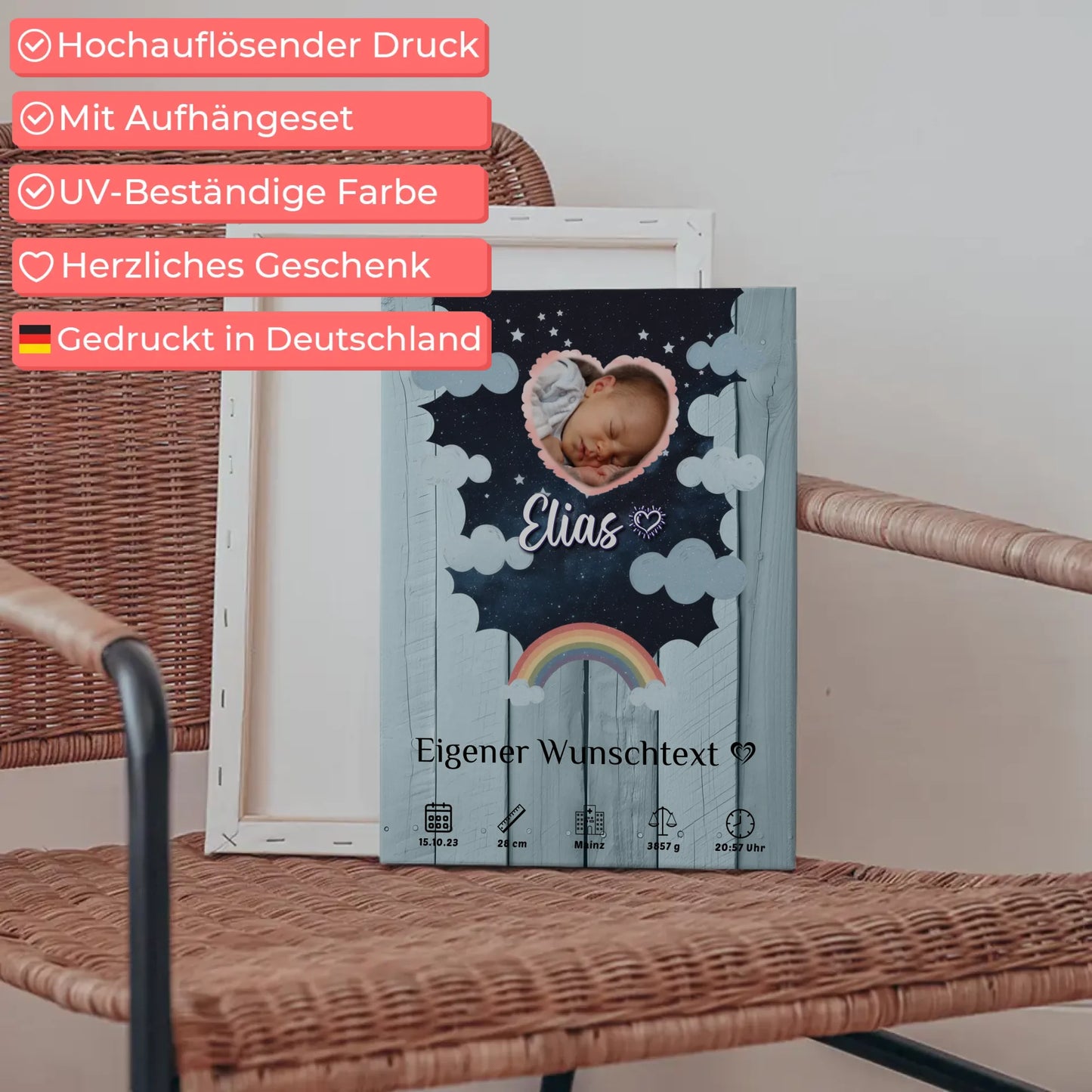 Herz Foto Geburtsposter Holz Himmelblau Baby Jungen Mädchen