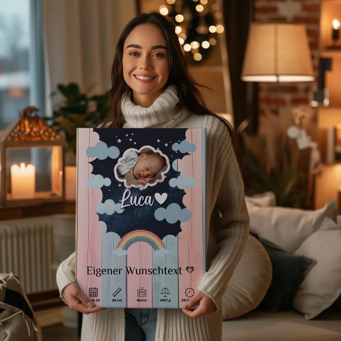 Herz Foto Geburts Leinwand Holz Bunt Baby Jungen Mädchen