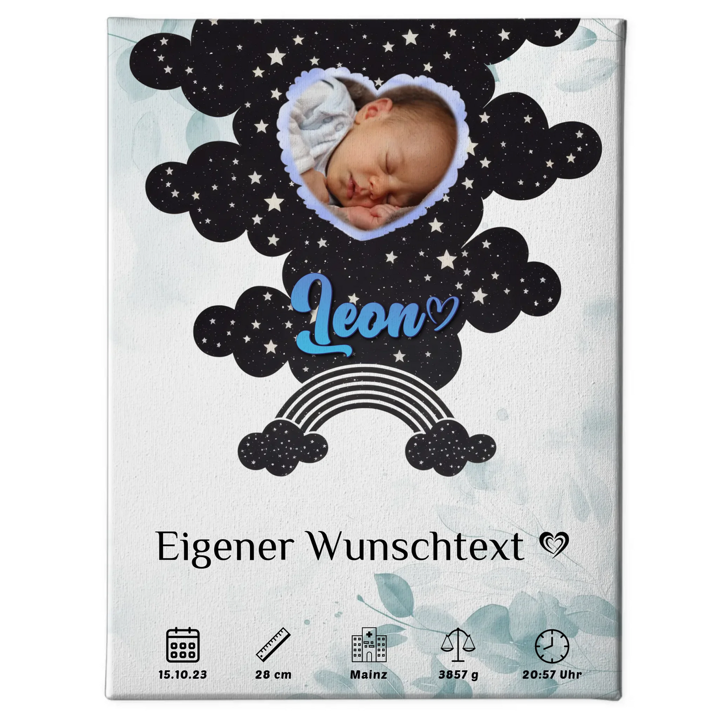 Herz Foto Personalisierte Fotoleinwand Geburt Floral Mintgrün Baby