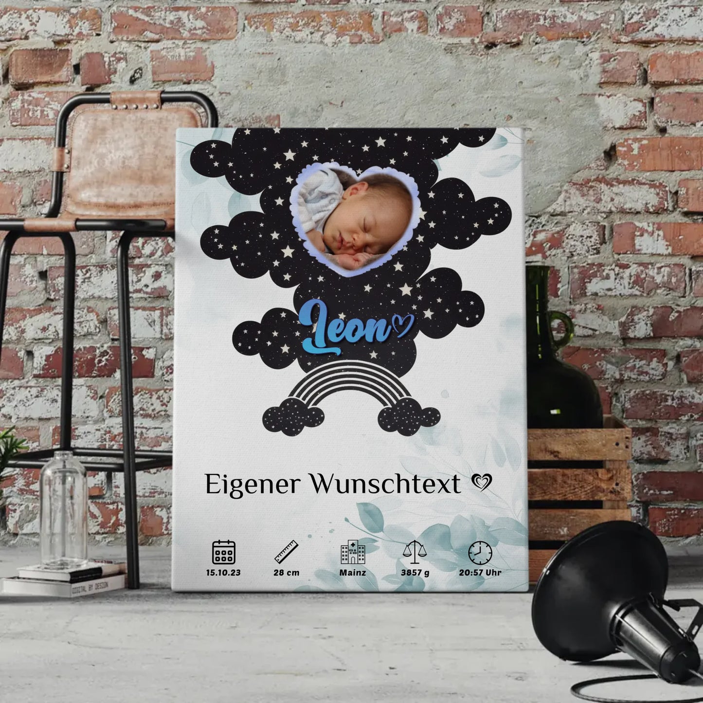 Herz Foto Personalisierte Fotoleinwand Geburt Floral Mintgrün Baby