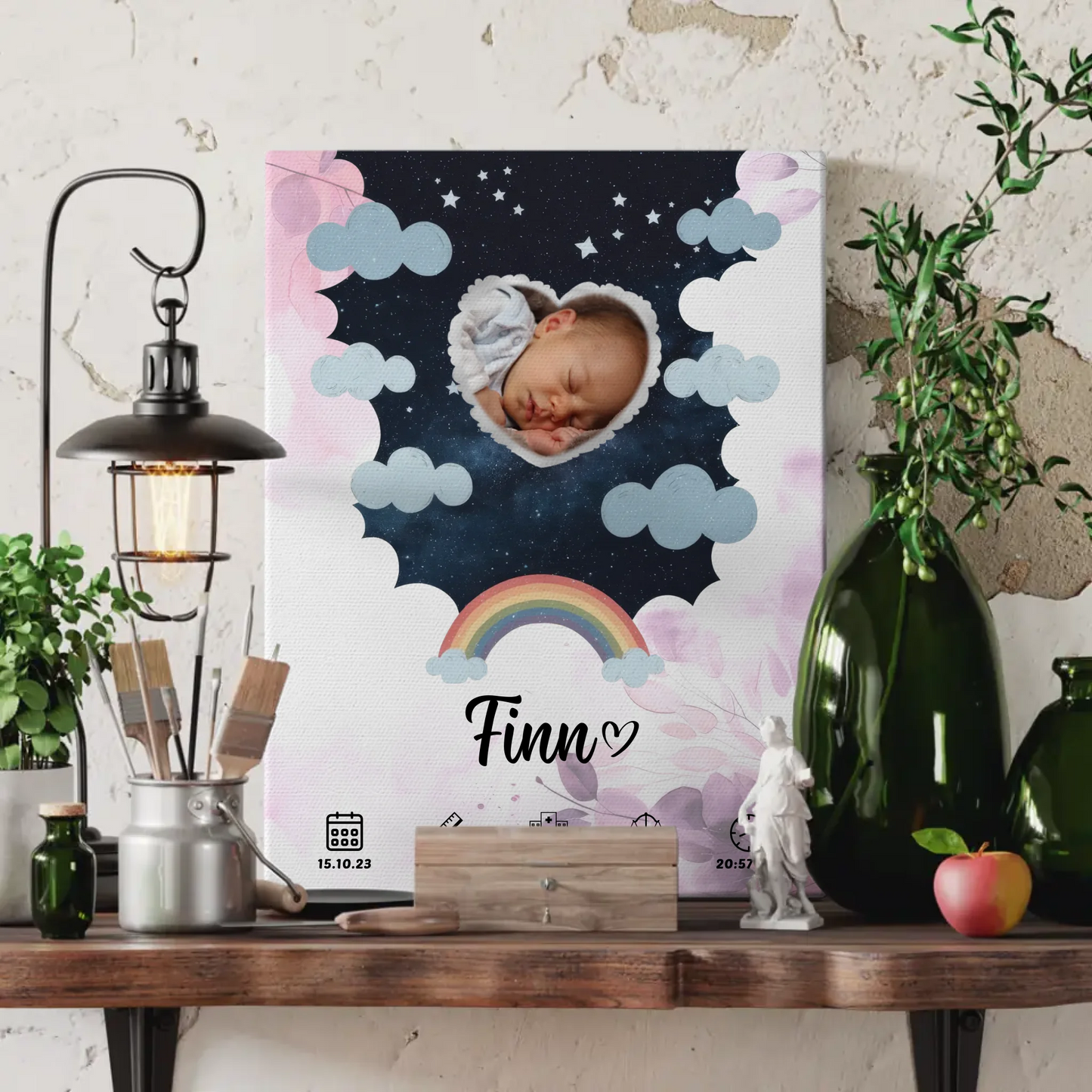 Herz Foto Plakat Leinwand Geburt Pink Rosa Floral Baby Mädchen Jungen