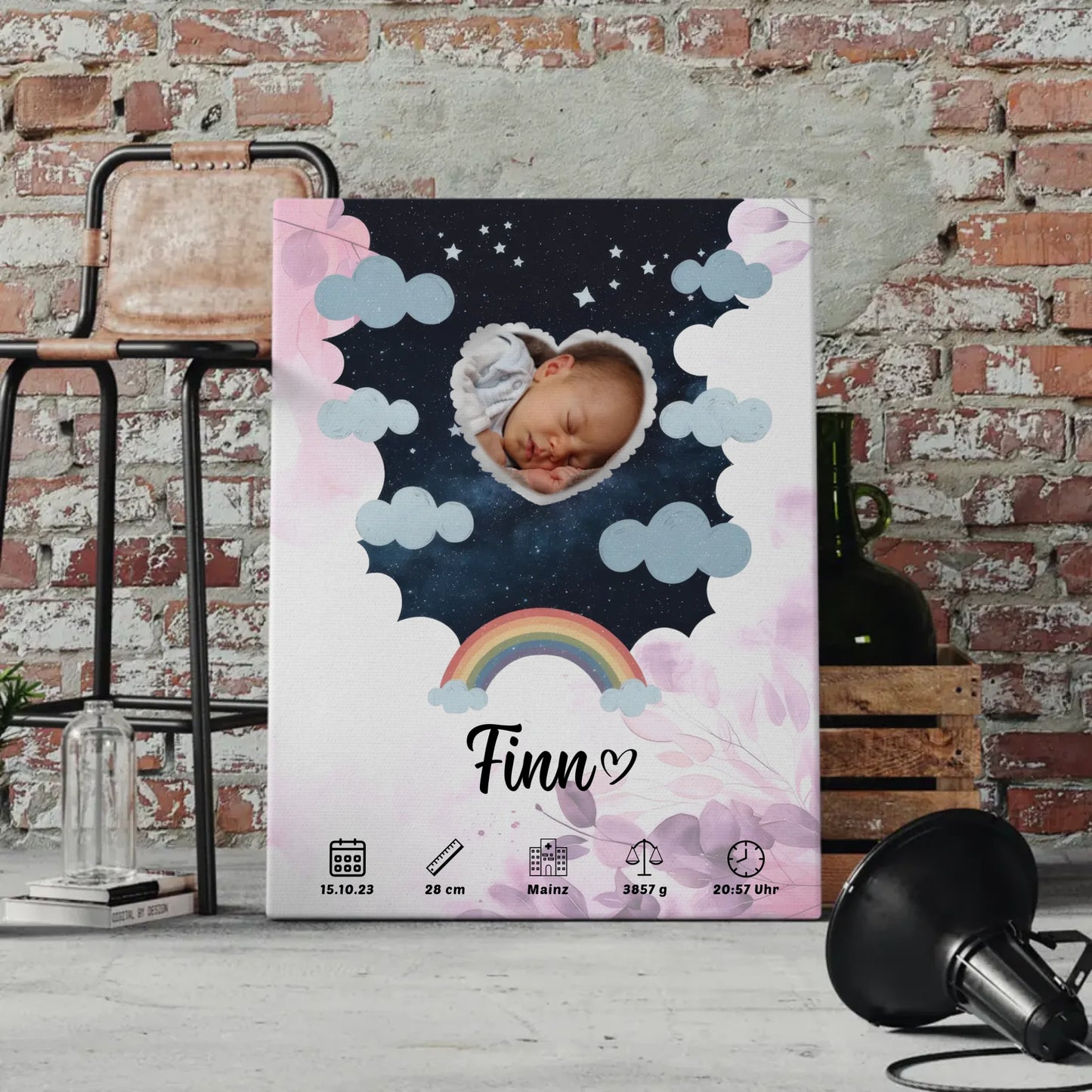 Herz Foto Plakat Leinwand Geburt Pink Rosa Floral Baby Mädchen Jungen