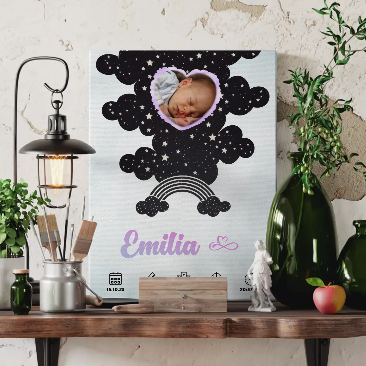 Herz Foto Geburtsposter Personalisiert Wasserfarben Mintgrün Baby Jungen Mädchen