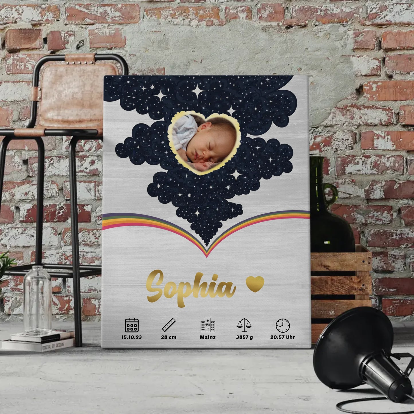 Herz Foto Leinwand Geburtsdaten Holz Hell Baby Jungen Mädchen