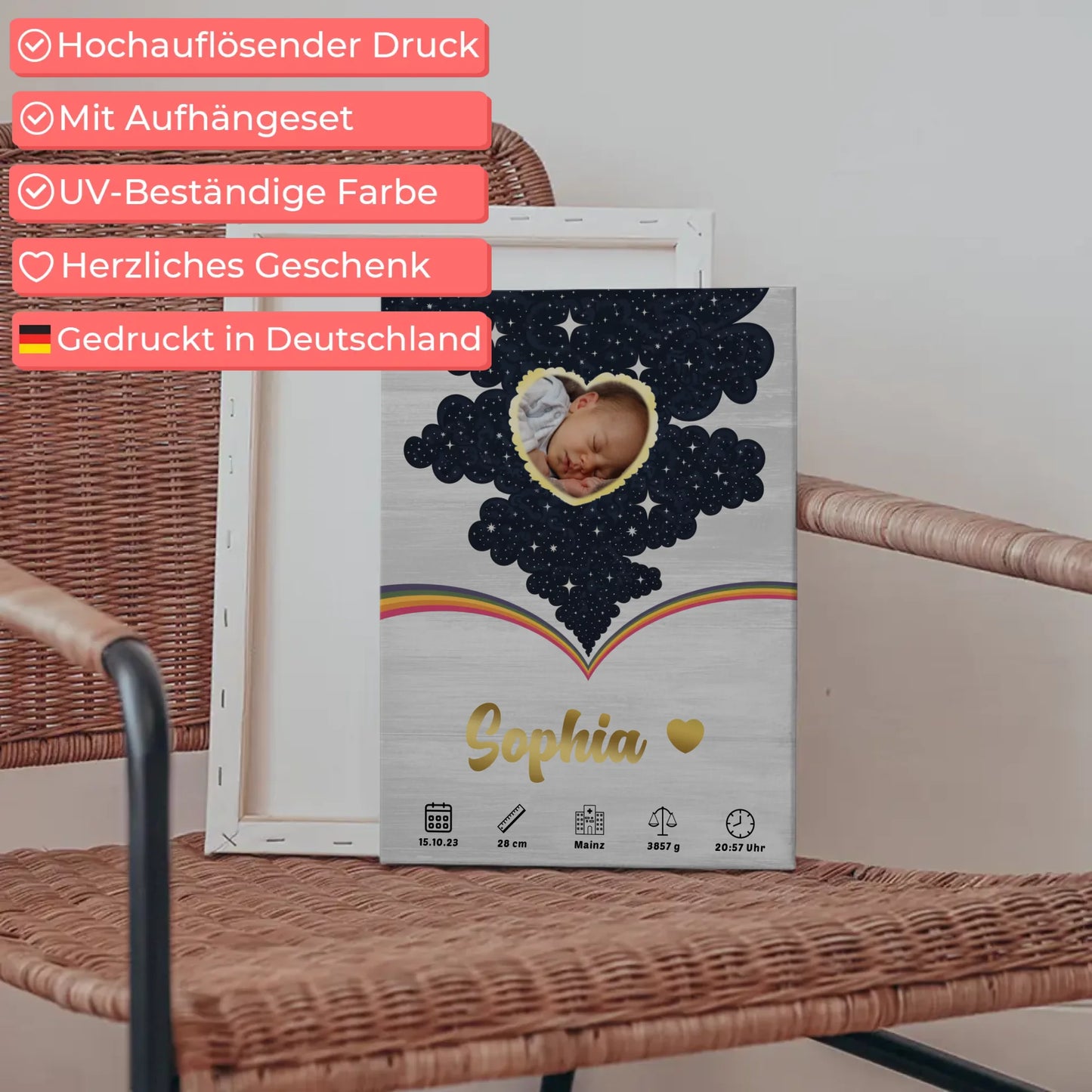 Herz Foto Leinwand Geburtsdaten Holz Hell Baby Jungen Mädchen