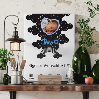 Personalisierte Fotoleinwand Geburt für Mädchen und Jungen Fotoherz