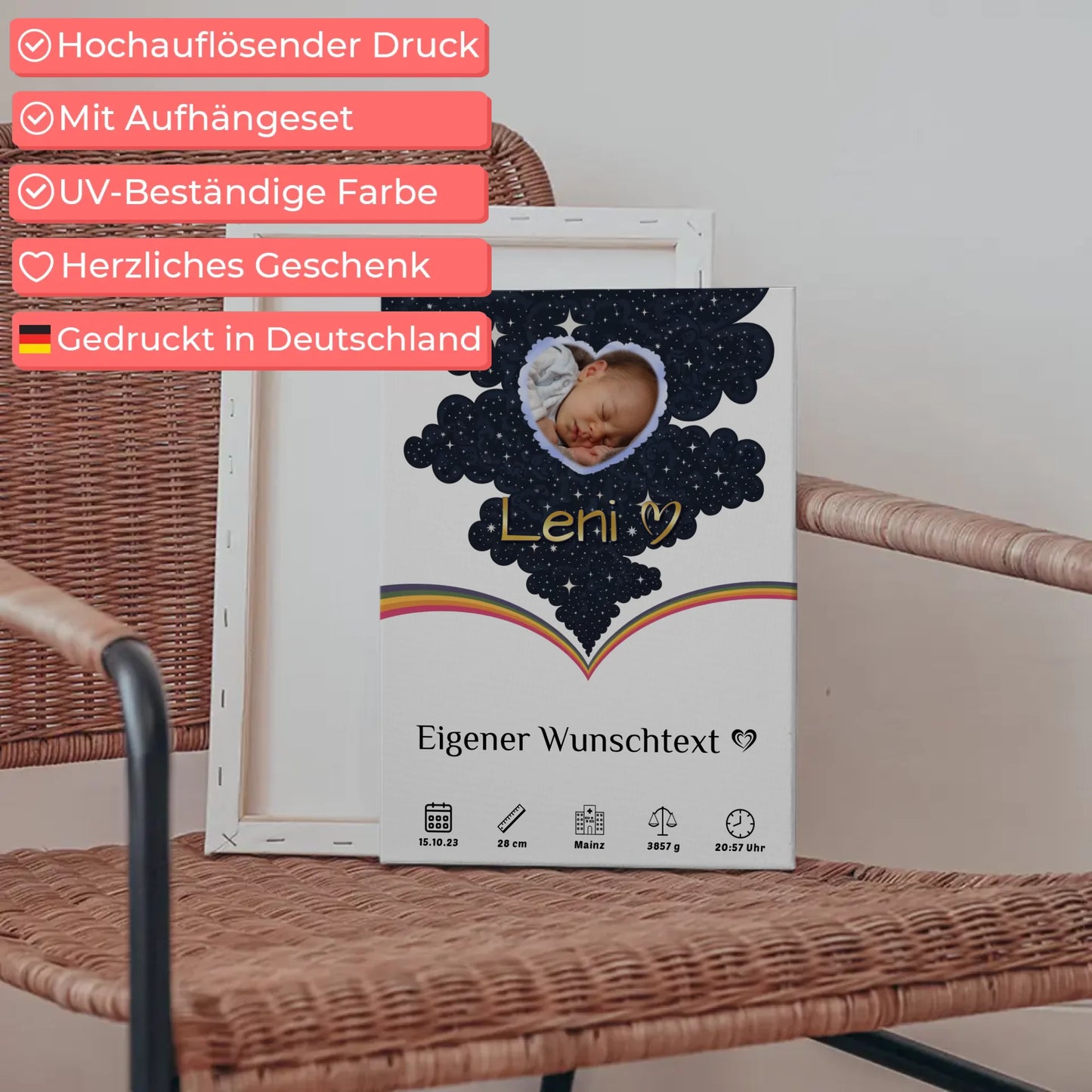 Leinwand Zur Geburt für Mädchen und Jungen Foto Herz