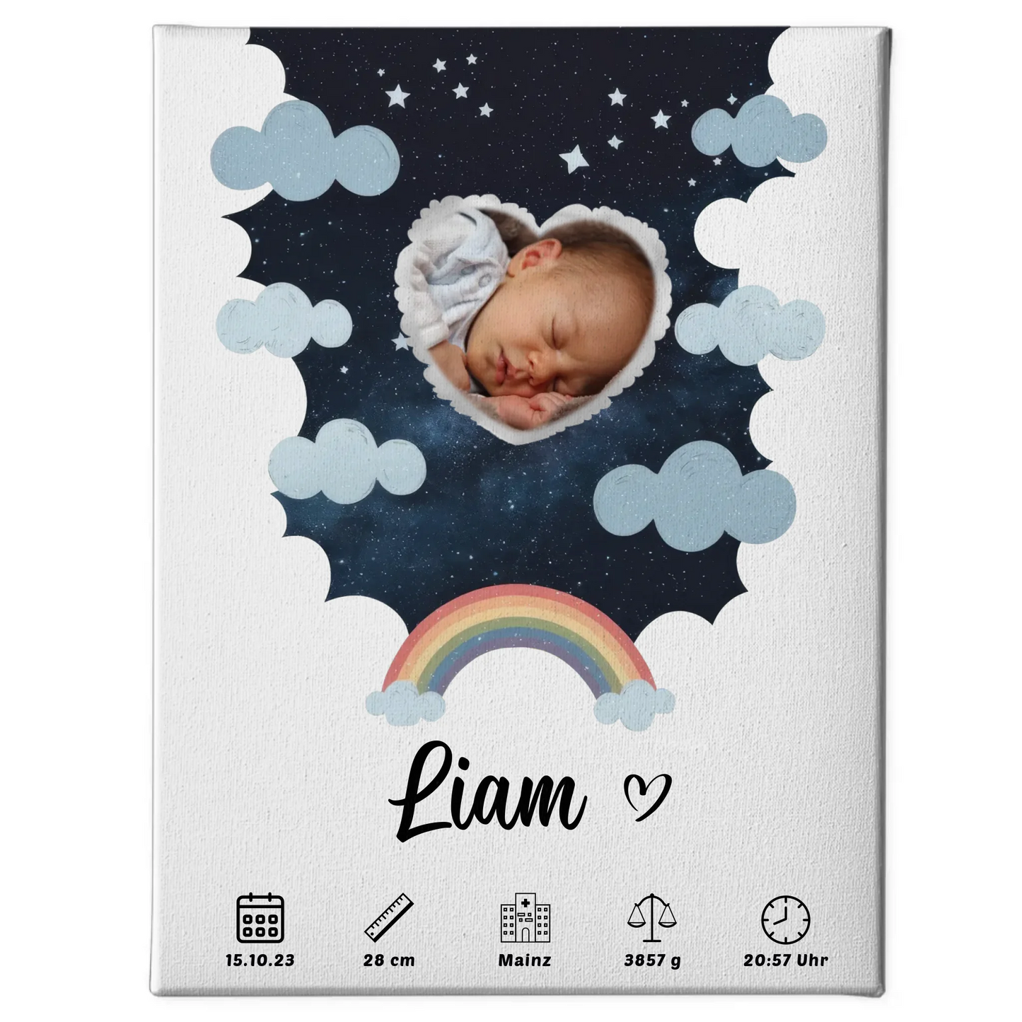 Personalisiertes Plakat Leinwand Geburt für Mädchen & Jungen Foto Herz