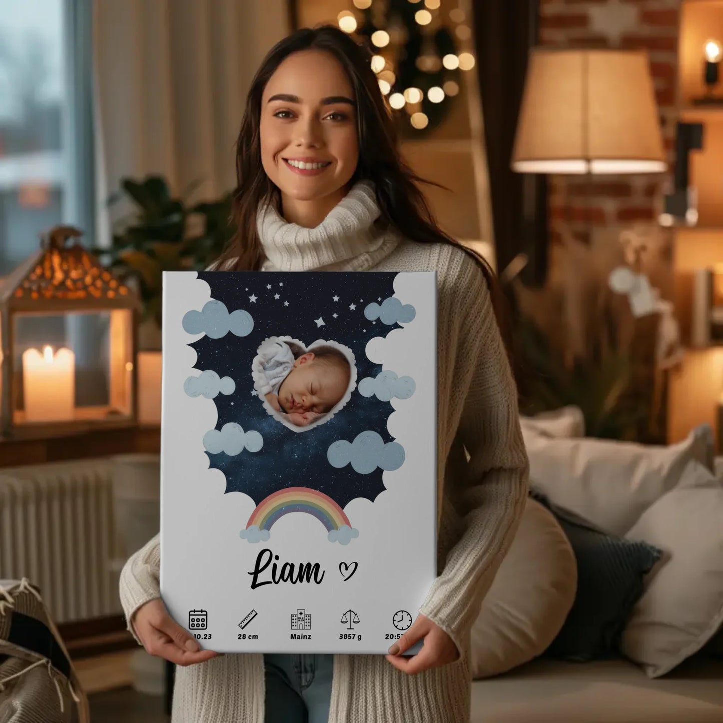 Personalisiertes Plakat Leinwand Geburt für Mädchen & Jungen Foto Herz