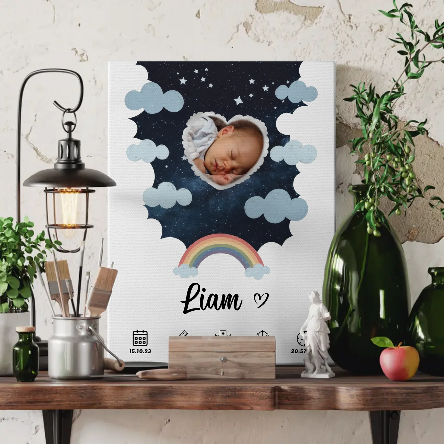 Personalisiertes Plakat Leinwand Geburt für Mädchen & Jungen Foto Herz