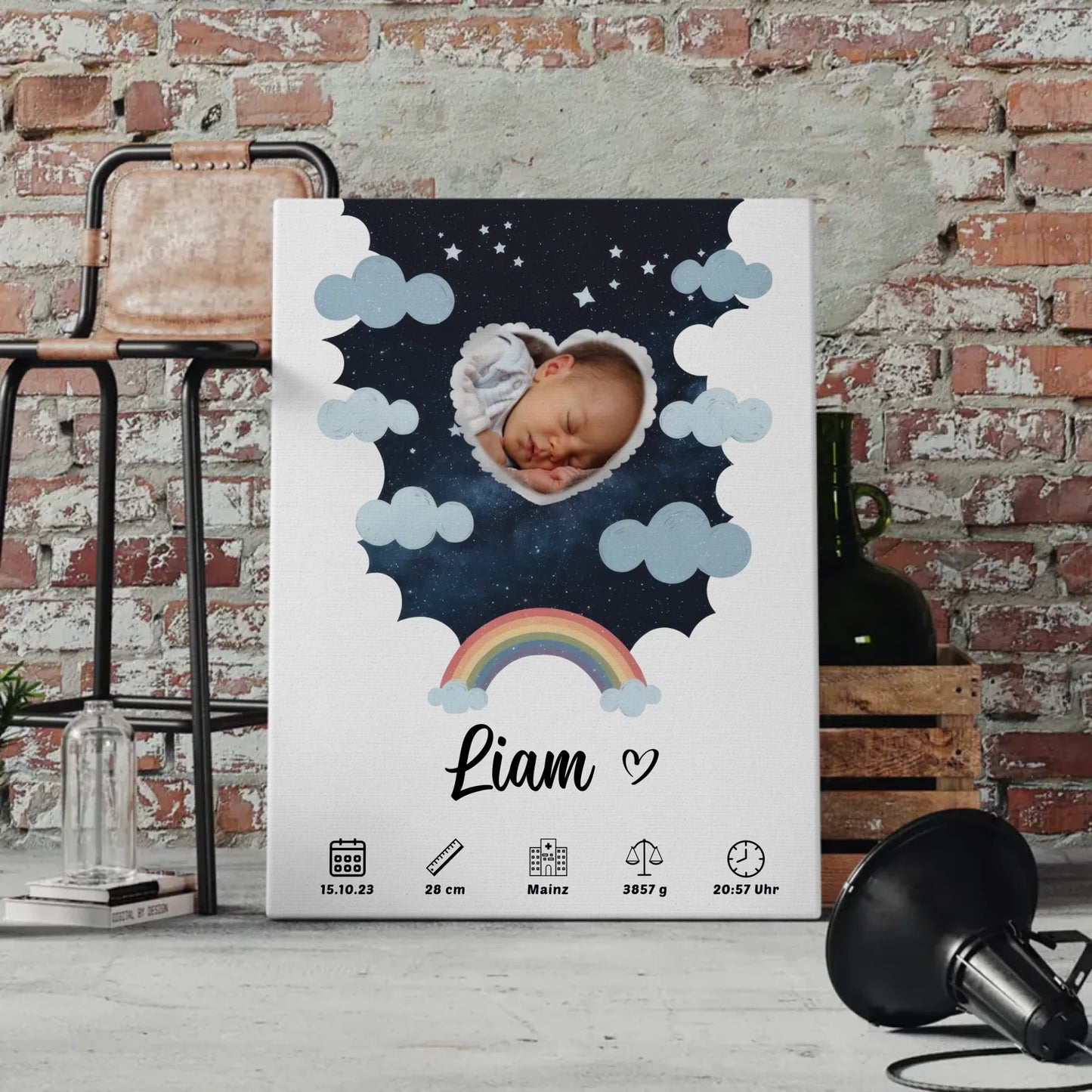 Personalisiertes Plakat Leinwand Geburt für Mädchen & Jungen Foto Herz