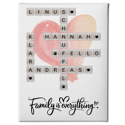 Personalisierte Fotoleinwand Familie mit Namen im Scrabble Design