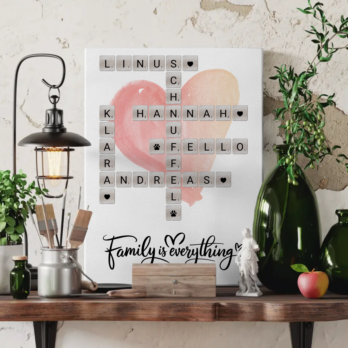 Personalisierte Fotoleinwand Familie mit Namen im Scrabble Design