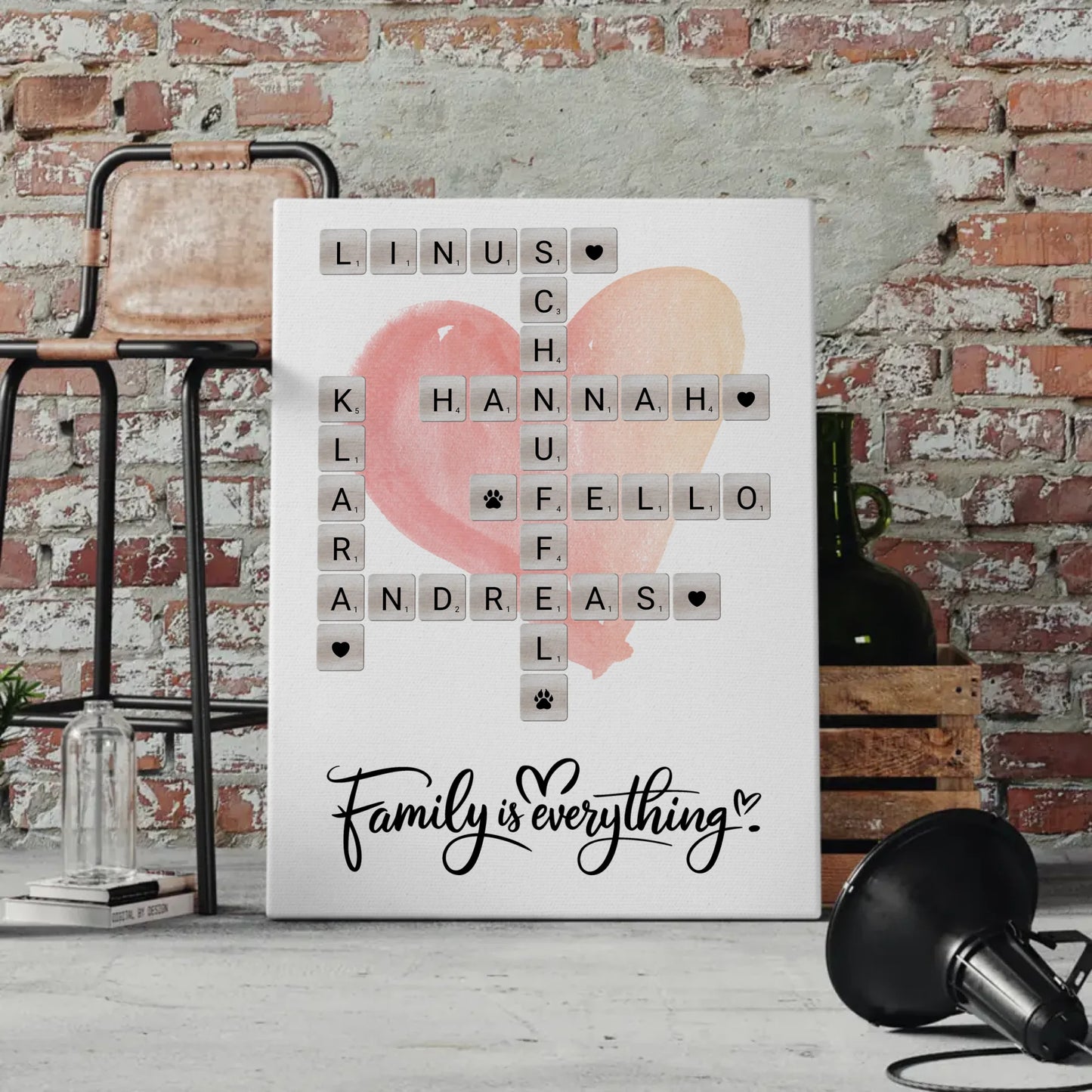 Personalisierte Fotoleinwand Familie mit Namen im Scrabble Design