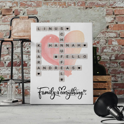 Personalisierte Fotoleinwand Familie mit Namen im Scrabble Design