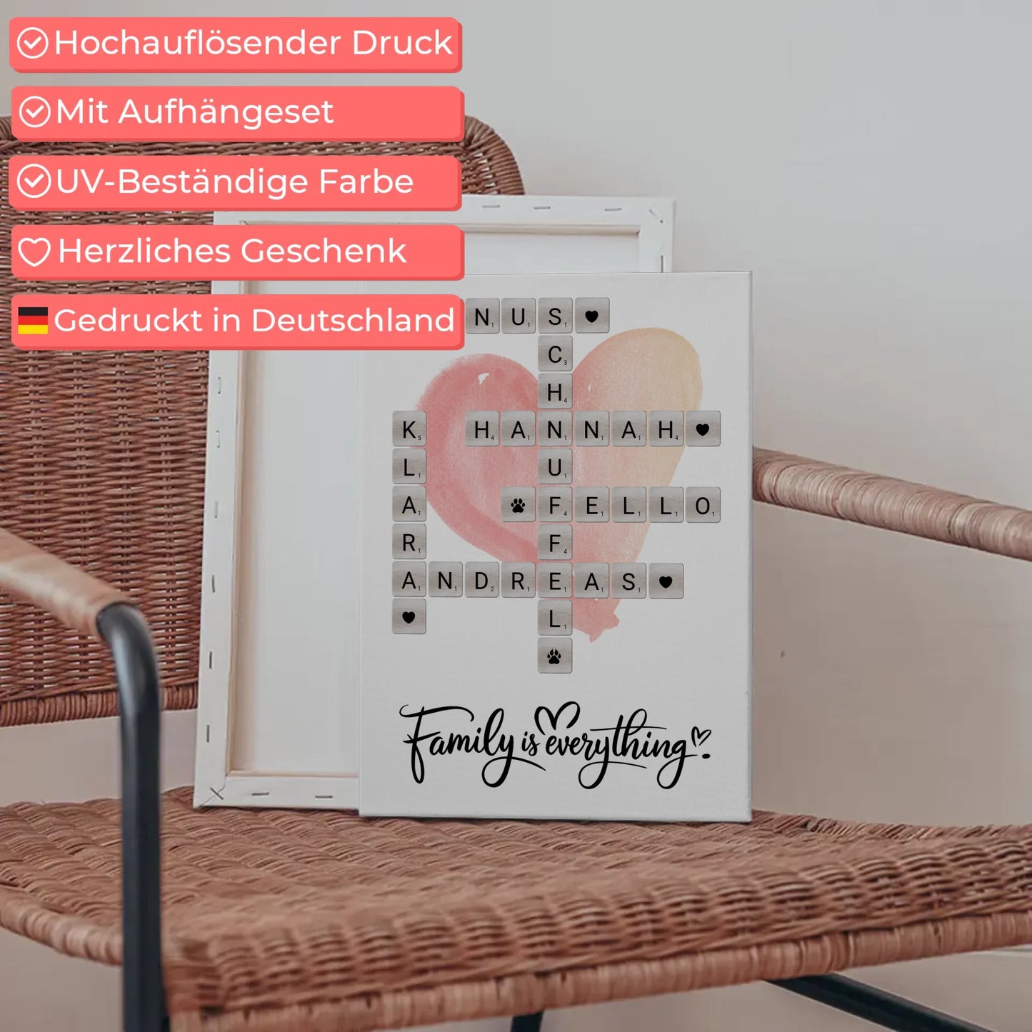 Personalisierte Fotoleinwand Familie mit Namen im Scrabble Design