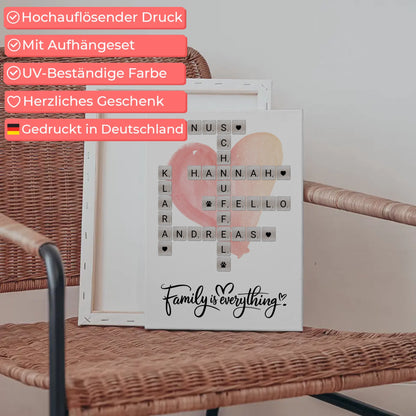 Personalisierte Fotoleinwand Familie mit Namen im Scrabble Design