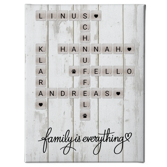 Familien Leinwand Family Is Everything im Scrabble Style mit Namen