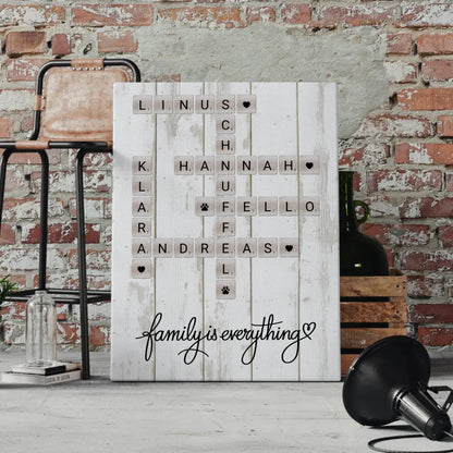Familien Leinwand Family Is Everything im Scrabble Style mit Namen