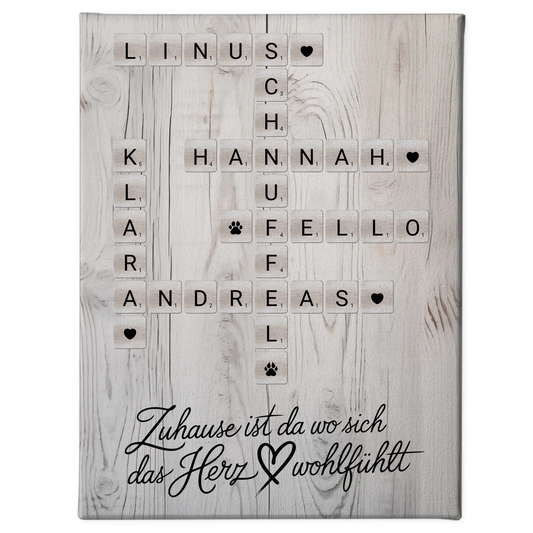 Familien Leinwand Das Herz Wohlfühlt Kreuzworträtsel mit Namen