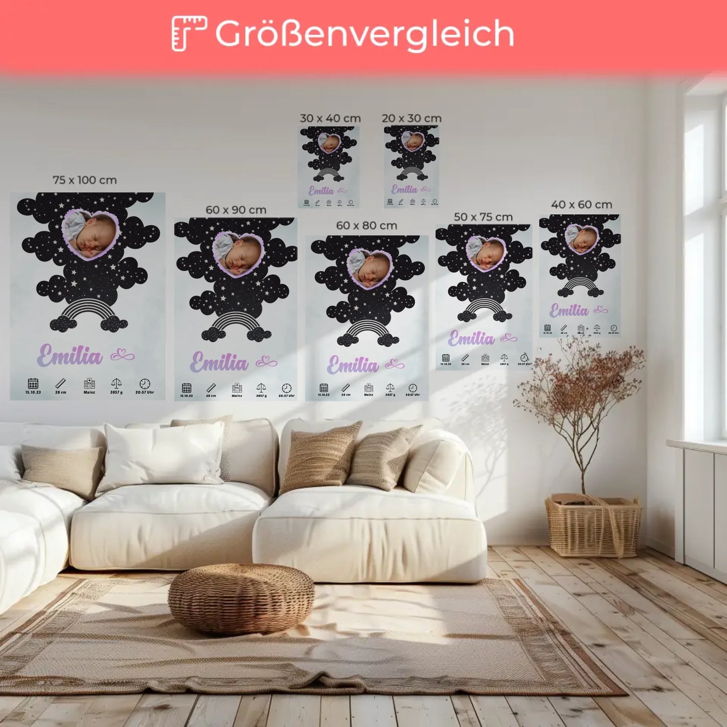 Herz Foto Geburtsposter Personalisiert Wasserfarben Mintgrün Baby Jungen Mädchen