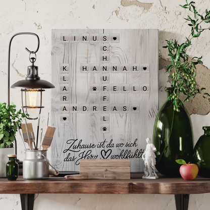 Familien Leinwand Das Herz Wohlfühlt Kreuzworträtsel mit Namen