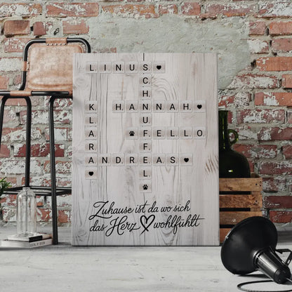 Familien Leinwand Das Herz Wohlfühlt Kreuzworträtsel mit Namen