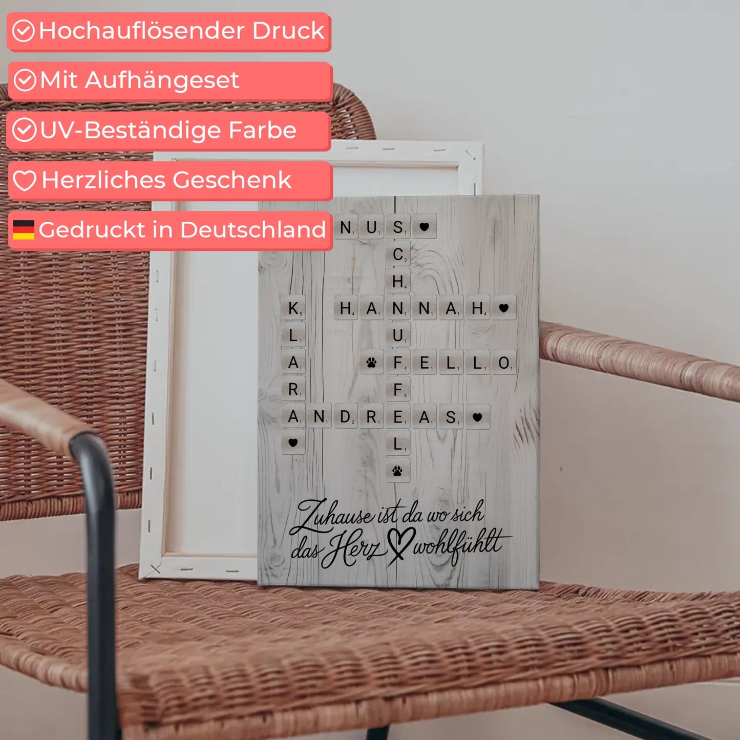 Familien Leinwand Das Herz Wohlfühlt Kreuzworträtsel mit Namen