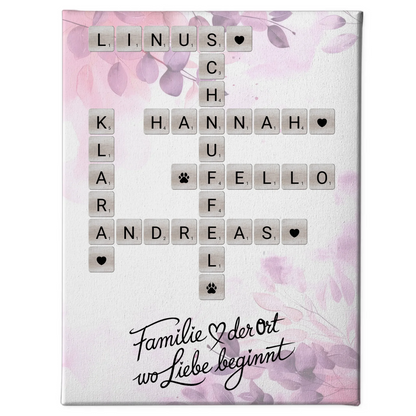 Leinwand Familie Spruch Wo Liebe beginnt mit Namen Scrabble