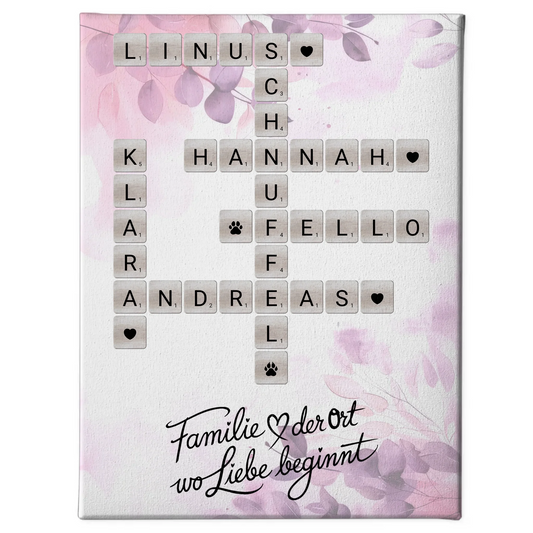 Leinwand Familie Spruch Wo Liebe beginnt mit Namen Scrabble