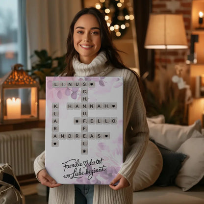 Leinwand Familie Spruch Wo Liebe beginnt mit Namen Scrabble