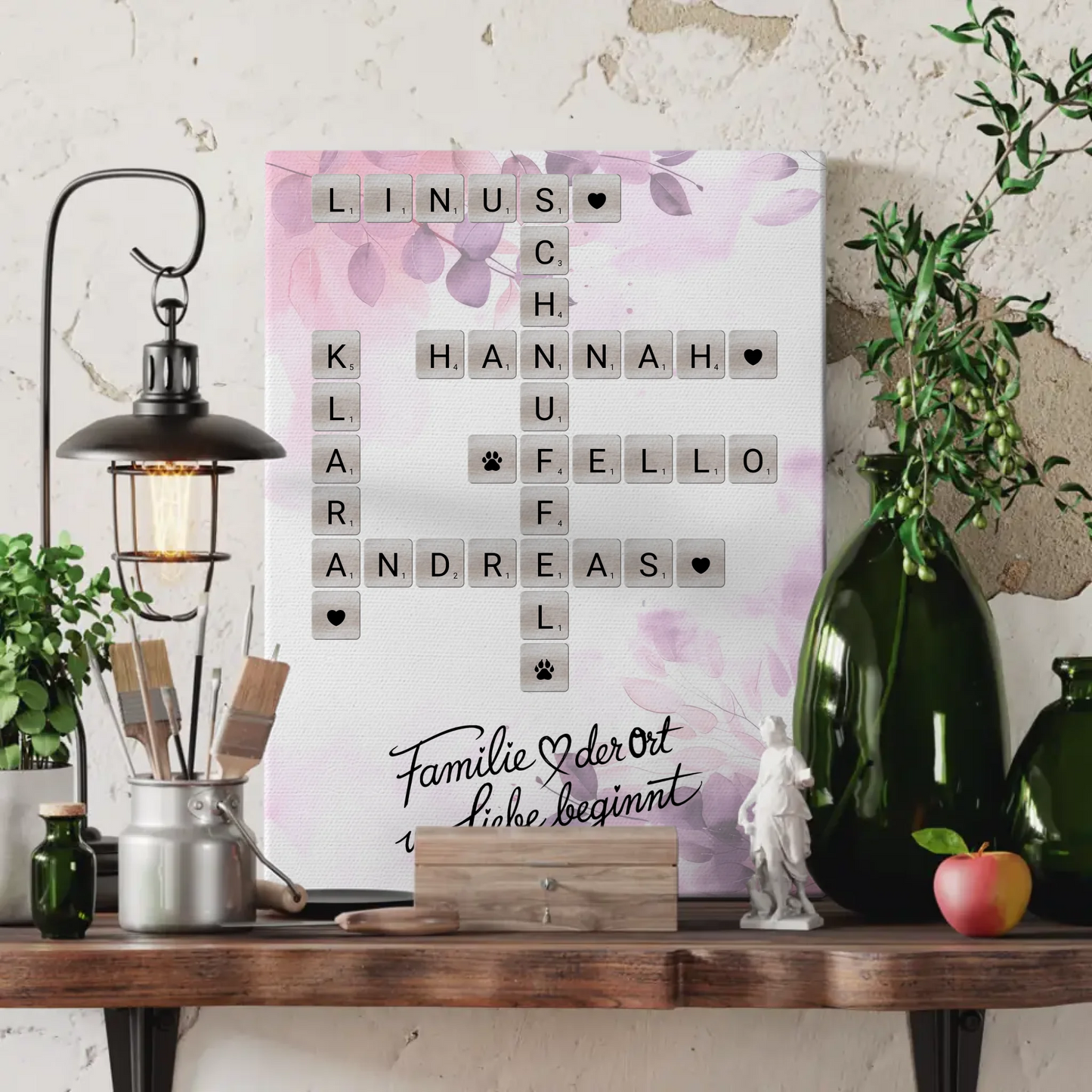 Leinwand Familie Spruch Wo Liebe beginnt mit Namen Scrabble